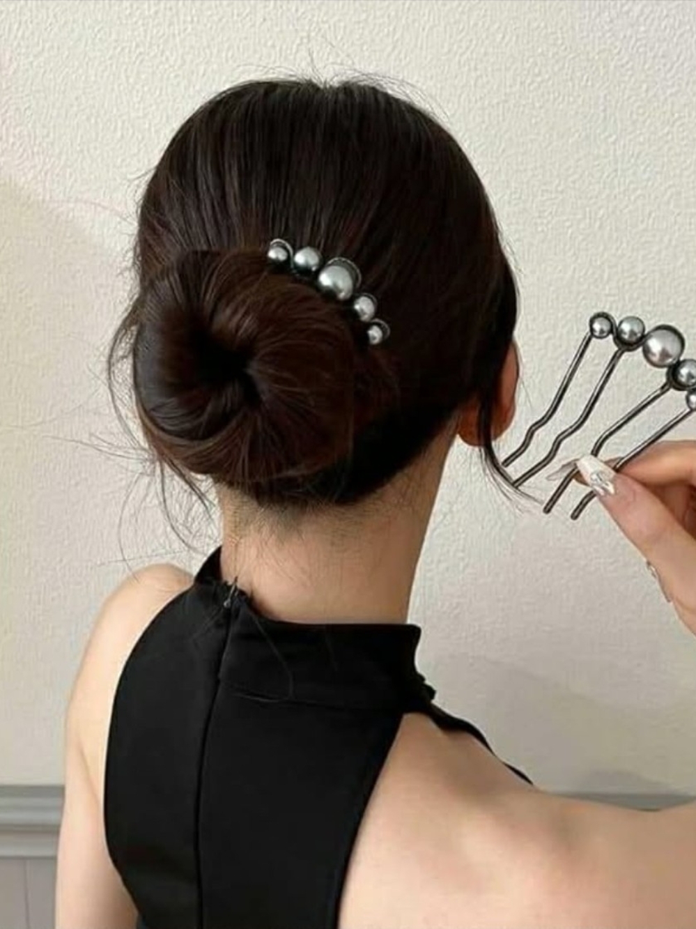 Gunmental U-shaped Hairpin with Faux Pearl Embellishments BNIB